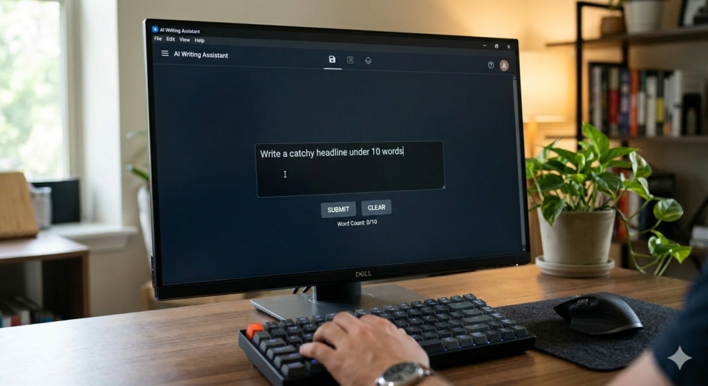 A professional copywriter using an AI writing assistant to generate headlines, illustrating the 'AI Co-pilot' workflow that is becoming a standard in the 2026 content creation labor market.