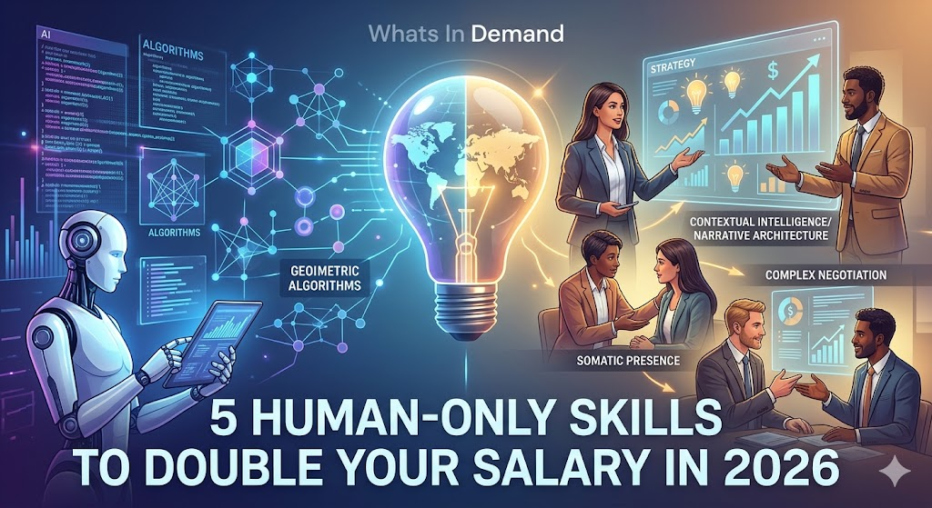 Infographic visualization showing the contrast between AI data processing and 5 high-income human skills in 2026, featuring text: 5 HUMAN-ONLY SKILLS TO DOUBLE YOUR SALARY IN 2026.