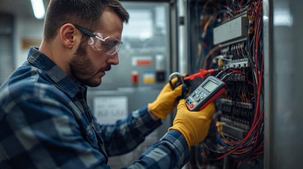 Close-up of a skilled electrician performing a manual diagnostic on an industrial control panel, representing a high-touch, AI-proof trade in the 2026 labor market.
